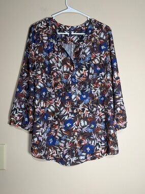 NYDJ Floral Split-Neck Blouse in Brown, Blue and Cream